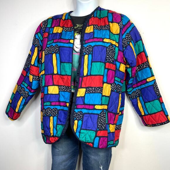 Vintage Rhoda Lynne Quilted Silk Open Jacket 90s Colorful Oversized Womens S - Picture 4 of 15